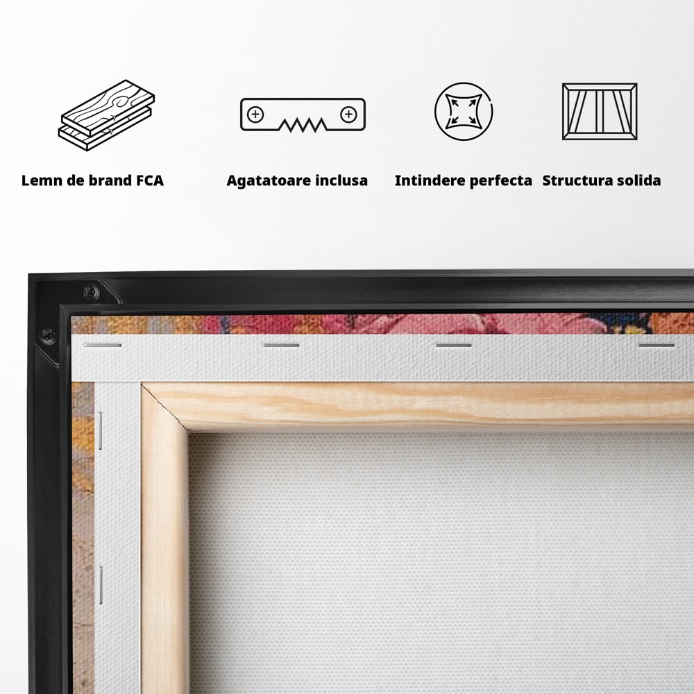 Tablou Canvas Premium LuxCanva® G1023, Gratie Inflorita , Delicatete, Flori, Petale, Aur, Portret, Pastel, Roz, Living, Dormitor, Culori vibrante