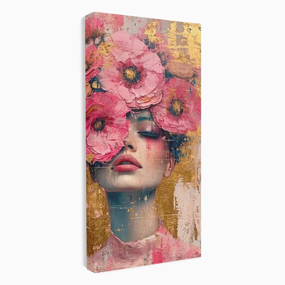 Tablou Canvas Premium LuxCanva® G1023, Gratie Inflorita , Delicatete, Flori, Petale, Aur, Portret, Pastel, Roz, Living, Dormitor, Culori vibrante