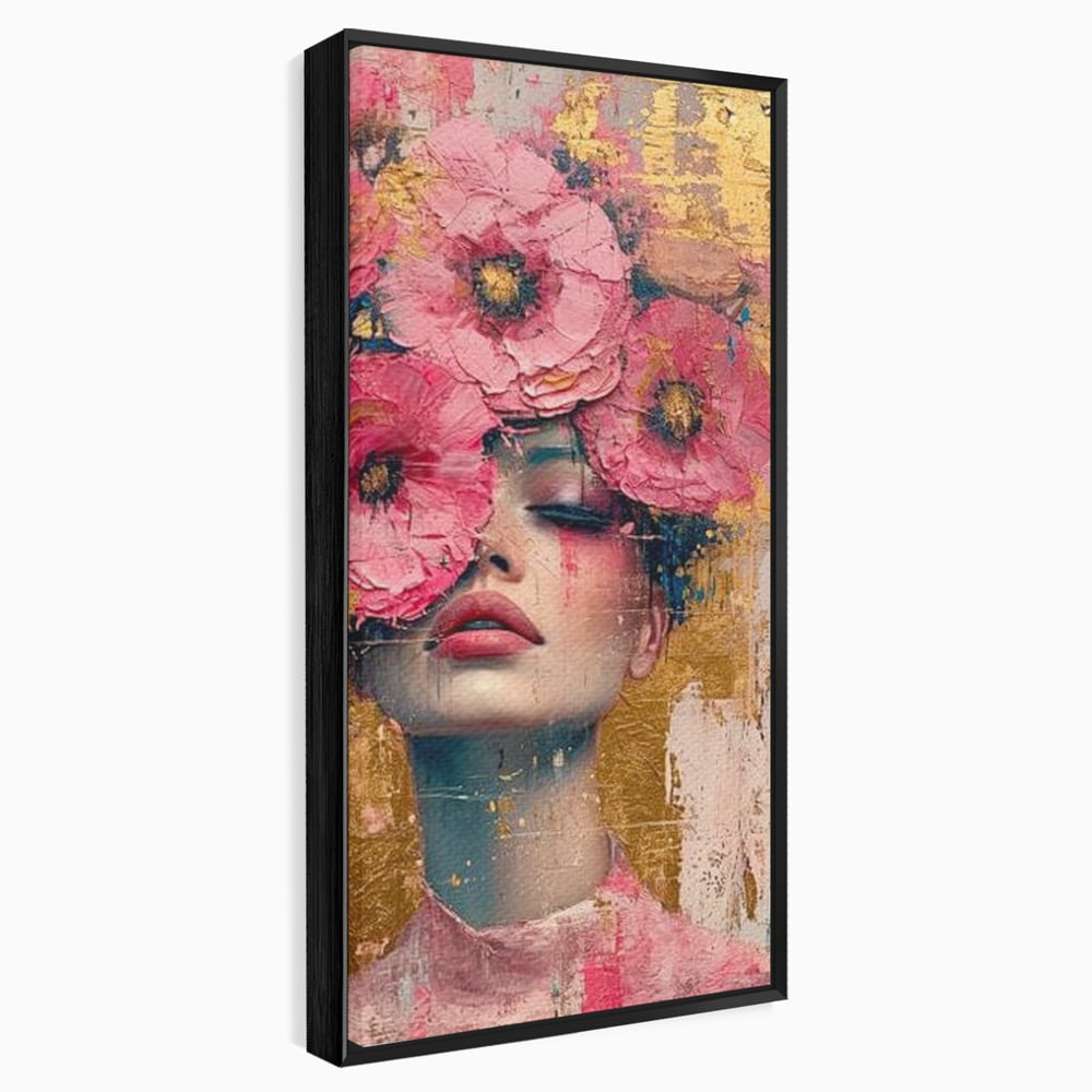 Tablou Canvas Premium LuxCanva® G1023, Gratie Inflorita , Delicatete, Flori, Petale, Aur, Portret, Pastel, Roz, Living, Dormitor, Culori vibrante