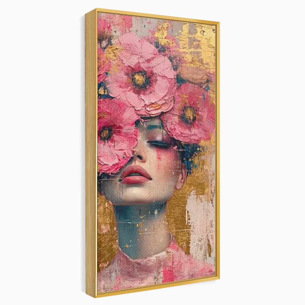 Tablou Canvas Premium LuxCanva® G1023, Gratie Inflorita , Delicatete, Flori, Petale, Aur, Portret, Pastel, Roz, Living, Dormitor, Culori vibrante