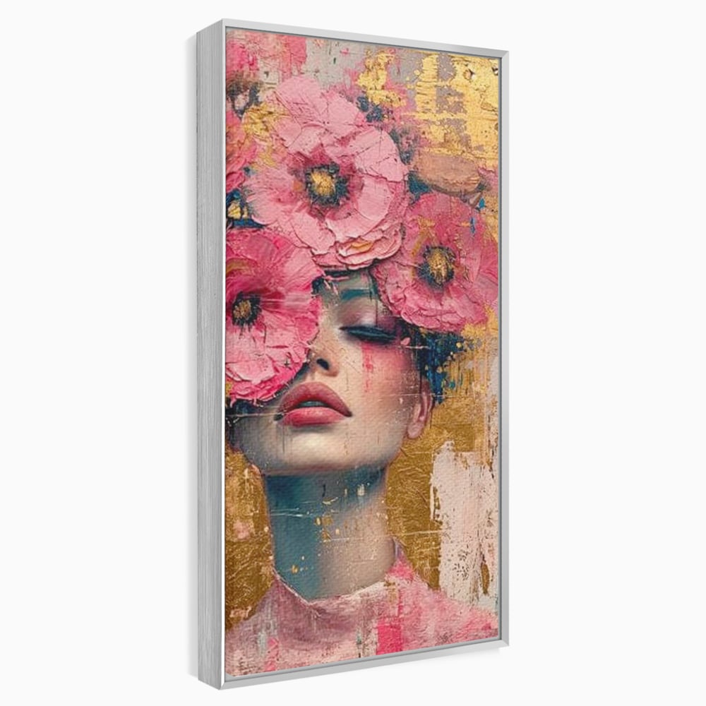 Tablou Canvas Premium LuxCanva® G1023, Gratie Inflorita , Delicatete, Flori, Petale, Aur, Portret, Pastel, Roz, Living, Dormitor, Culori vibrante