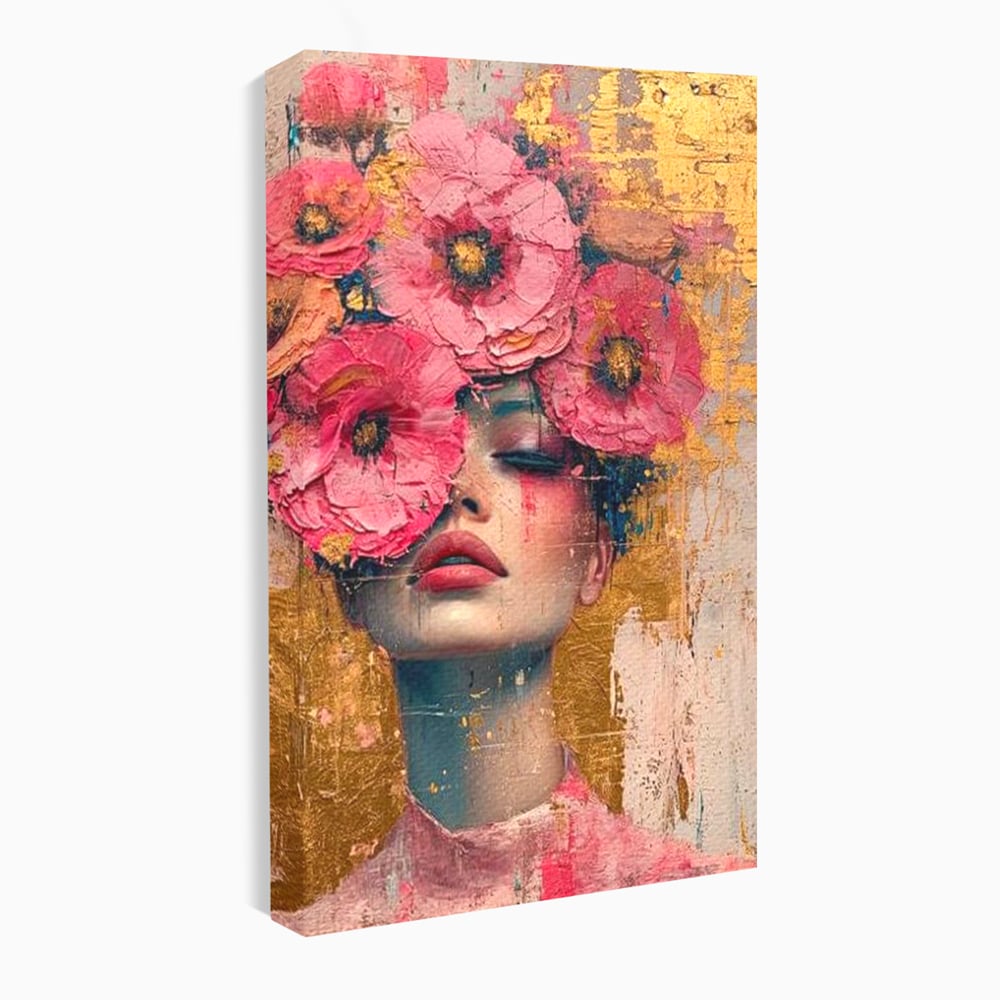 Tablou Canvas Premium LuxCanva® G1023, Gratie Inflorita , Delicatete, Flori, Petale, Aur, Portret, Pastel, Roz, Living, Dormitor, Culori vibrante