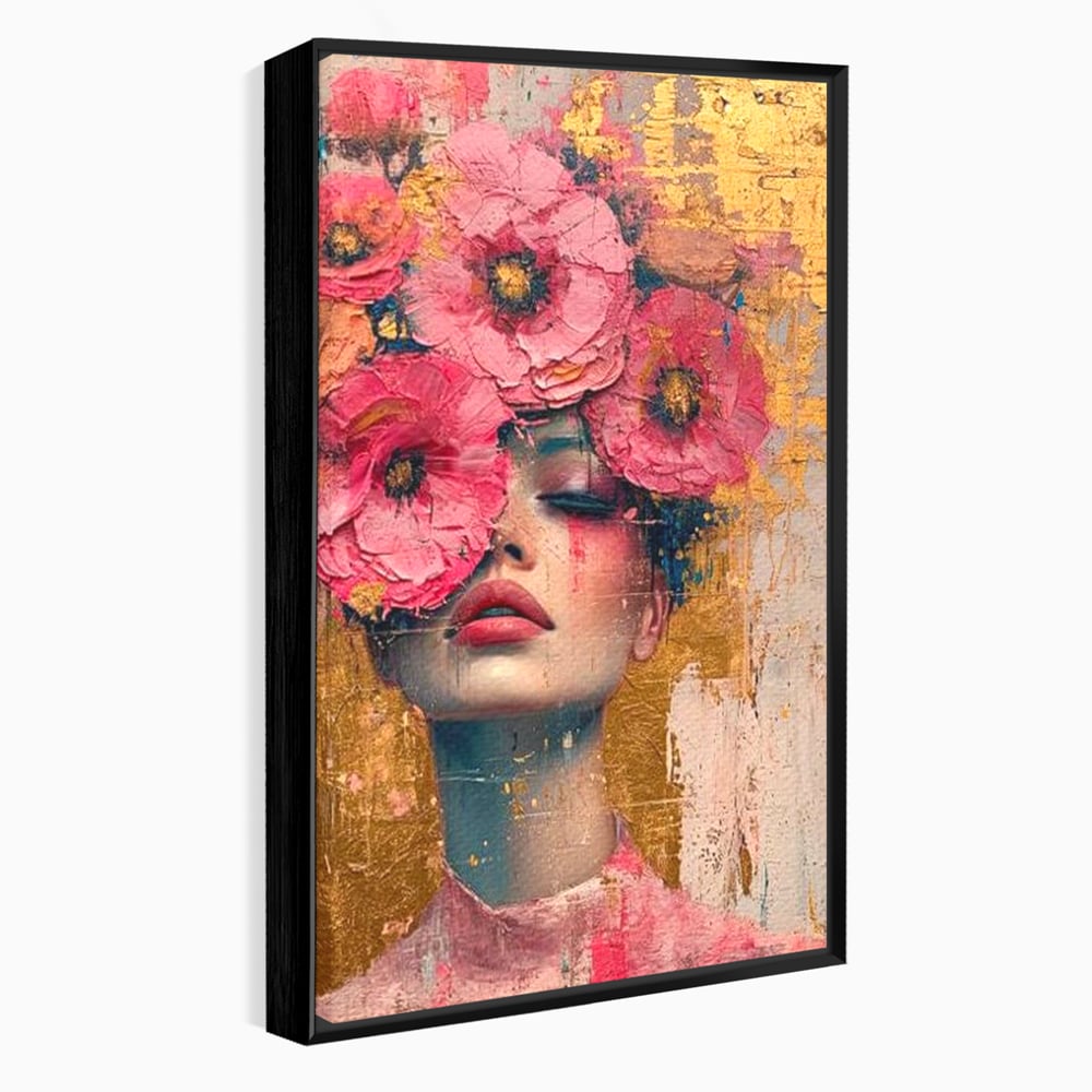 Tablou Canvas Premium LuxCanva® G1023, Gratie Inflorita , Delicatete, Flori, Petale, Aur, Portret, Pastel, Roz, Living, Dormitor, Culori vibrante
