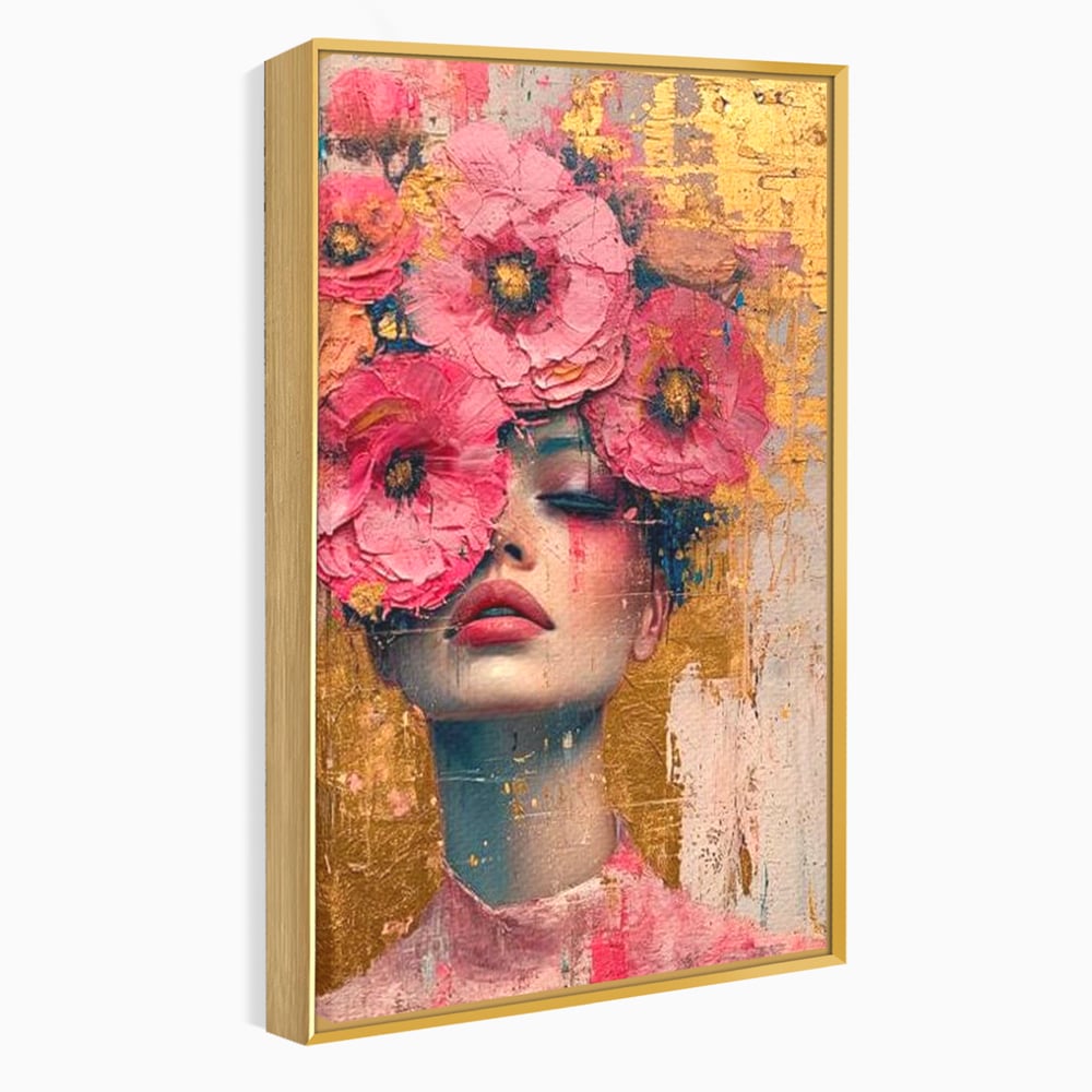 Tablou Canvas Premium LuxCanva® G1023, Gratie Inflorita , Delicatete, Flori, Petale, Aur, Portret, Pastel, Roz, Living, Dormitor, Culori vibrante