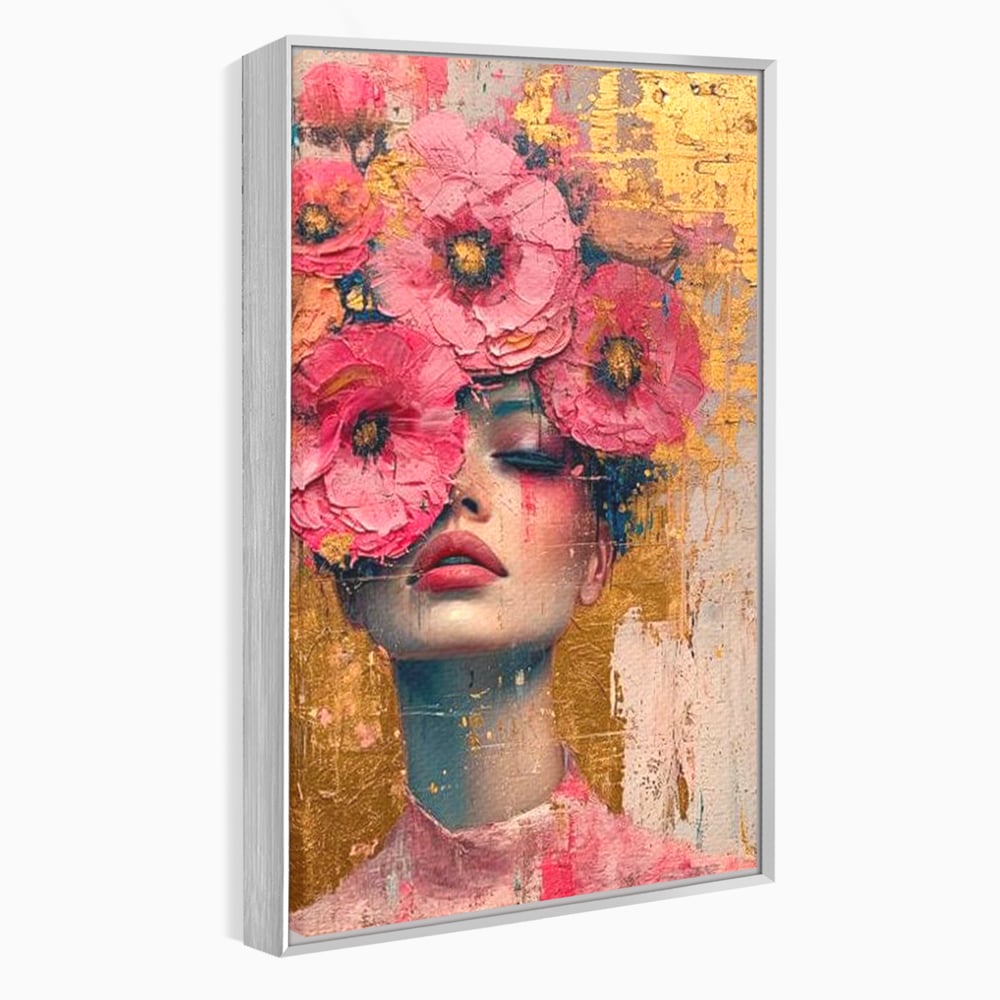 Tablou Canvas Premium LuxCanva® G1023, Gratie Inflorita , Delicatete, Flori, Petale, Aur, Portret, Pastel, Roz, Living, Dormitor, Culori vibrante