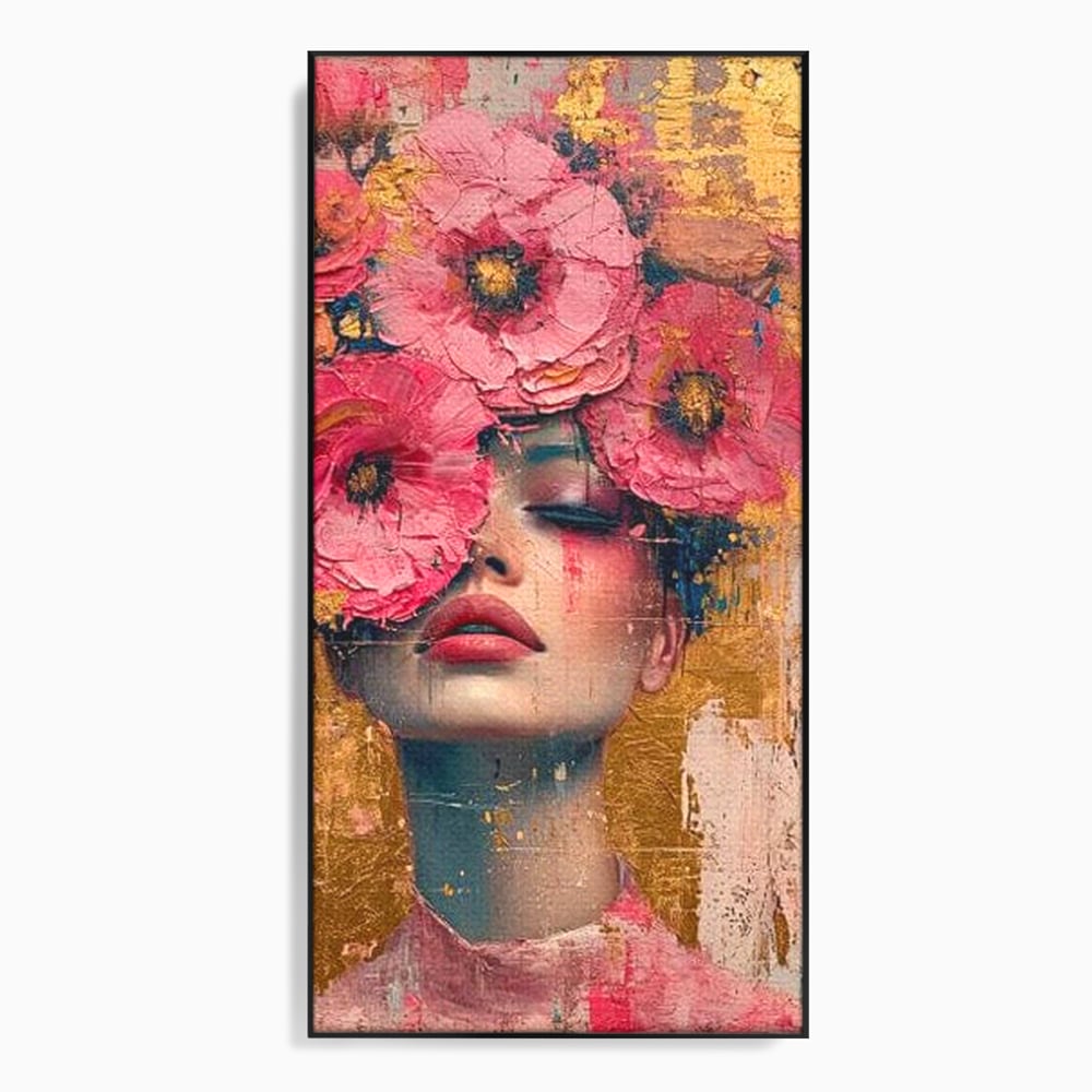 Tablou Canvas Premium LuxCanva® G1023, Gratie Inflorita , Delicatete, Flori, Petale, Aur, Portret, Pastel, Roz, Living, Dormitor, Culori vibrante