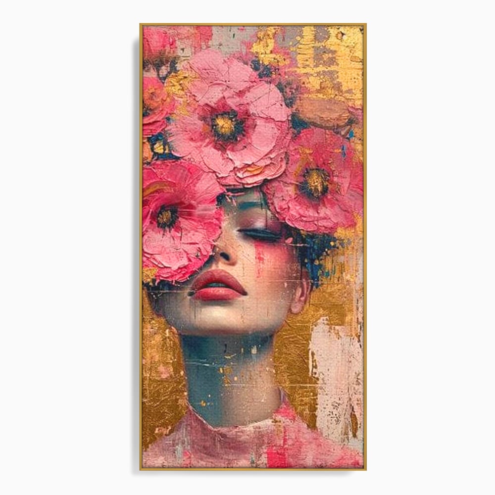 Tablou Canvas Premium LuxCanva® G1023, Gratie Inflorita , Delicatete, Flori, Petale, Aur, Portret, Pastel, Roz, Living, Dormitor, Culori vibrante