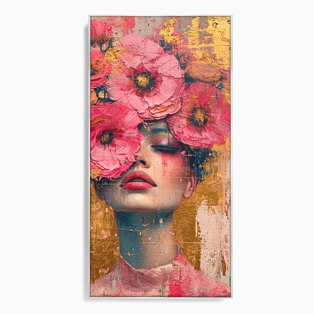 Tablou Canvas Premium LuxCanva® G1023, Gratie Inflorita , Delicatete, Flori, Petale, Aur, Portret, Pastel, Roz, Living, Dormitor, Culori vibrante