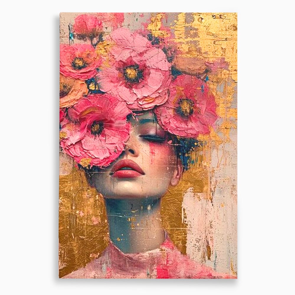 Tablou Canvas Premium LuxCanva® G1023, Gratie Inflorita , Delicatete, Flori, Petale, Aur, Portret, Pastel, Roz, Living, Dormitor, Culori vibrante
