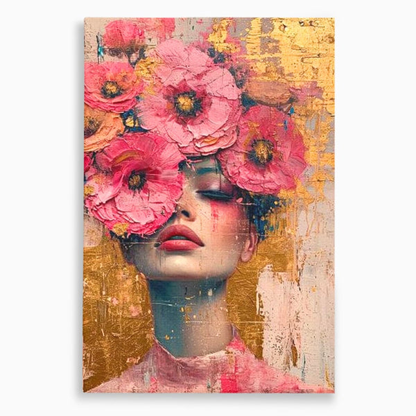 Tablou Canvas Premium LuxCanva® G1023, Gratie Inflorita , Delicatete, Flori, Petale, Aur, Portret, Pastel, Roz, Living, Dormitor, Culori vibrante