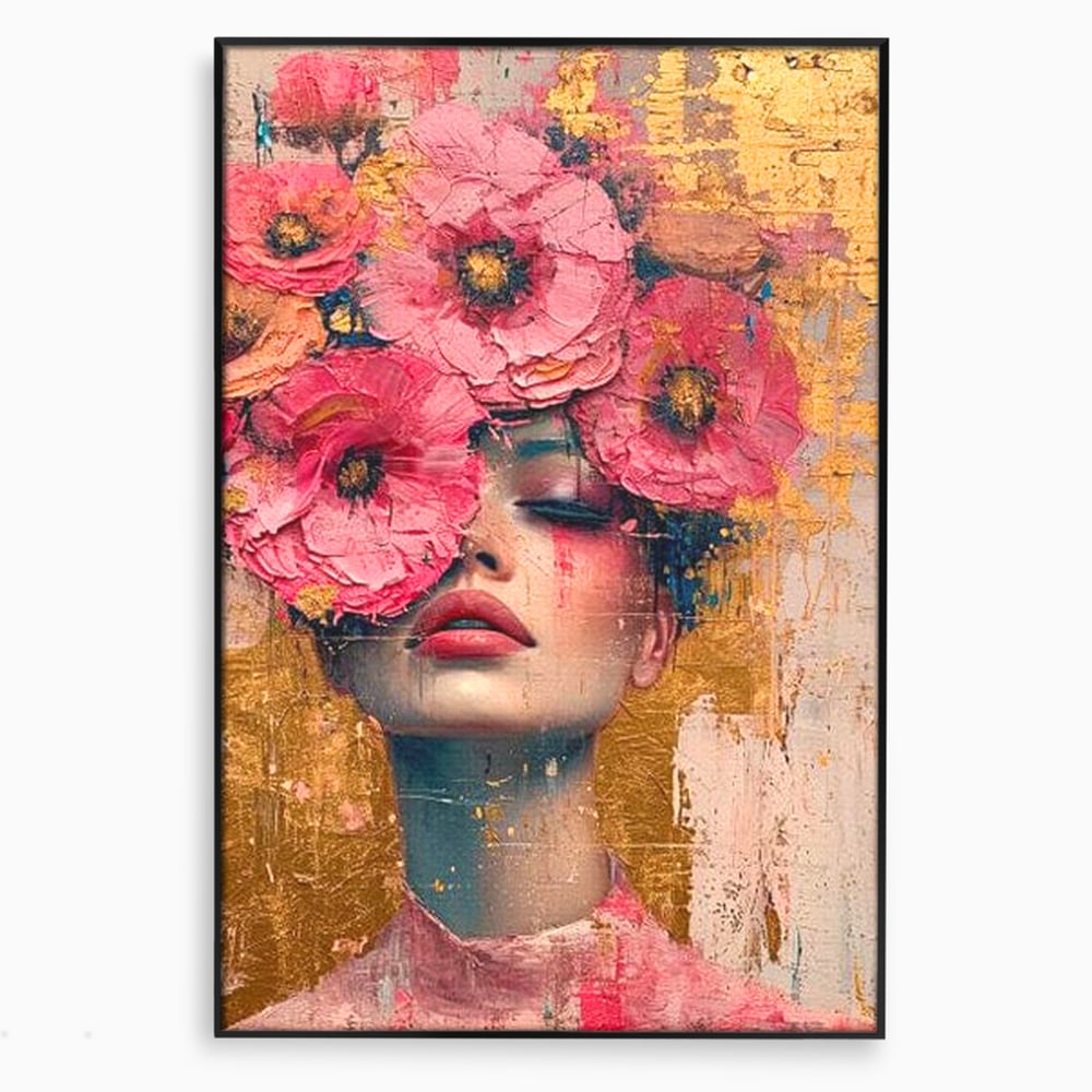 Tablou Canvas Premium LuxCanva® G1023, Gratie Inflorita , Delicatete, Flori, Petale, Aur, Portret, Pastel, Roz, Living, Dormitor, Culori vibrante