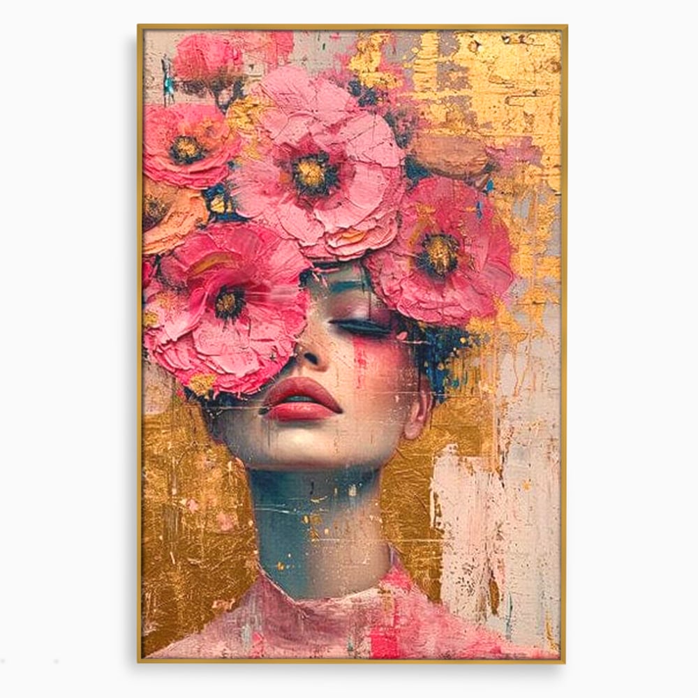 Tablou Canvas Premium LuxCanva® G1023, Gratie Inflorita , Delicatete, Flori, Petale, Aur, Portret, Pastel, Roz, Living, Dormitor, Culori vibrante