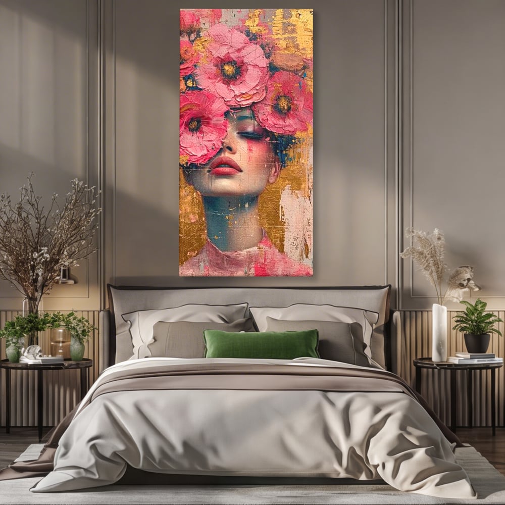 Tablou Canvas Premium LuxCanva® G1023, Gratie Inflorita , Delicatete, Flori, Petale, Aur, Portret, Pastel, Roz, Living, Dormitor, Culori vibrante