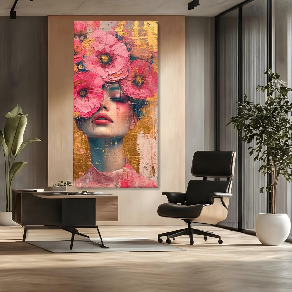 Tablou Canvas Premium LuxCanva® G1023, Gratie Inflorita , Delicatete, Flori, Petale, Aur, Portret, Pastel, Roz, Living, Dormitor, Culori vibrante