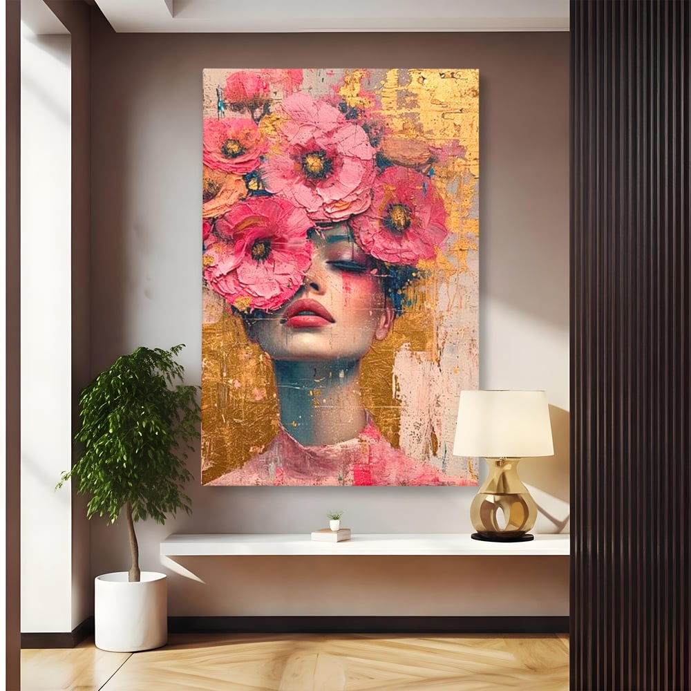 Tablou Canvas Premium LuxCanva® G1023, Gratie Inflorita , Delicatete, Flori, Petale, Aur, Portret, Pastel, Roz, Living, Dormitor, Culori vibrante