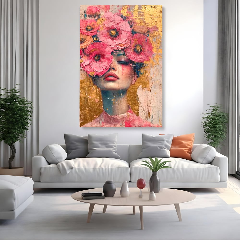 Tablou Canvas Premium LuxCanva® G1023, Gratie Inflorita , Delicatete, Flori, Petale, Aur, Portret, Pastel, Roz, Living, Dormitor, Culori vibrante