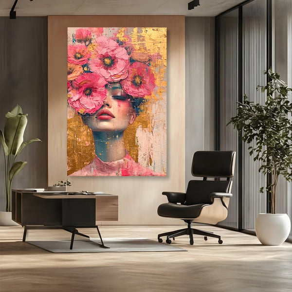 Tablou Canvas Premium LuxCanva® G1023, Gratie Inflorita , Delicatete, Flori, Petale, Aur, Portret, Pastel, Roz, Living, Dormitor, Culori vibrante