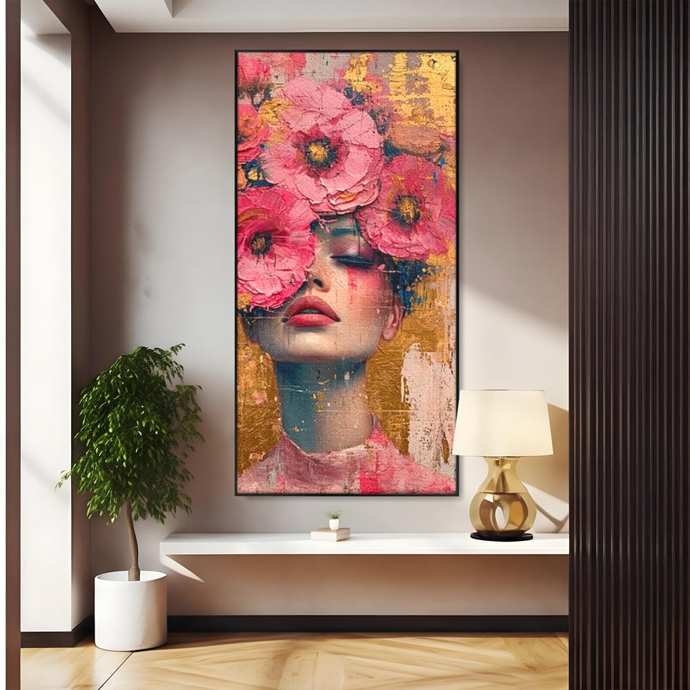 Tablou Canvas Premium LuxCanva® G1023, Gratie Inflorita , Delicatete, Flori, Petale, Aur, Portret, Pastel, Roz, Living, Dormitor, Culori vibrante
