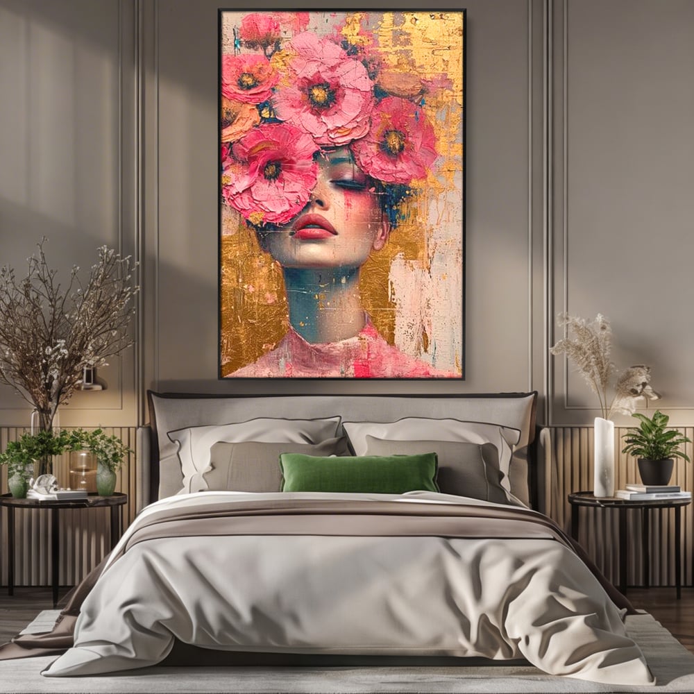 Tablou Canvas Premium LuxCanva® G1023, Gratie Inflorita , Delicatete, Flori, Petale, Aur, Portret, Pastel, Roz, Living, Dormitor, Culori vibrante