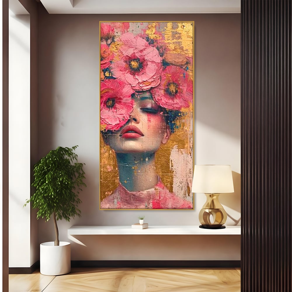Tablou Canvas Premium LuxCanva® G1023, Gratie Inflorita , Delicatete, Flori, Petale, Aur, Portret, Pastel, Roz, Living, Dormitor, Culori vibrante