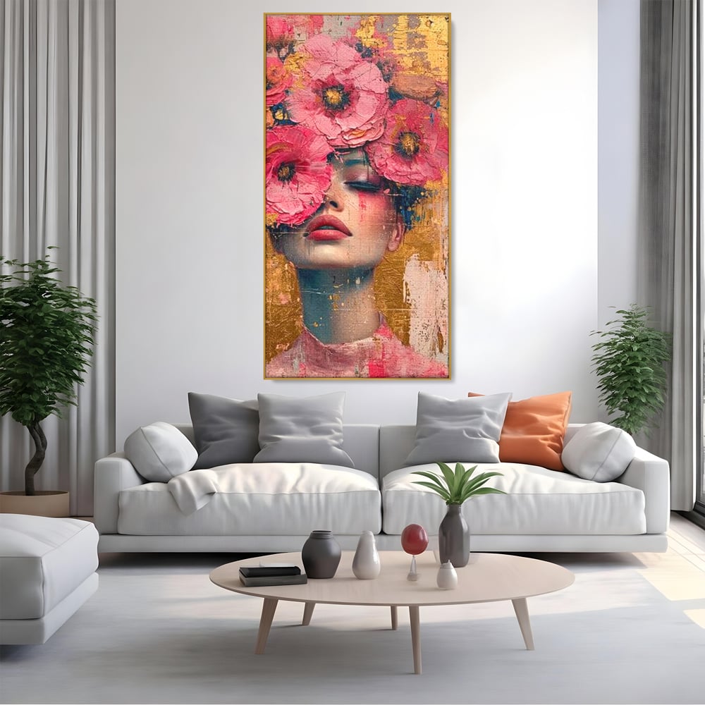 Tablou Canvas Premium LuxCanva® G1023, Gratie Inflorita , Delicatete, Flori, Petale, Aur, Portret, Pastel, Roz, Living, Dormitor, Culori vibrante