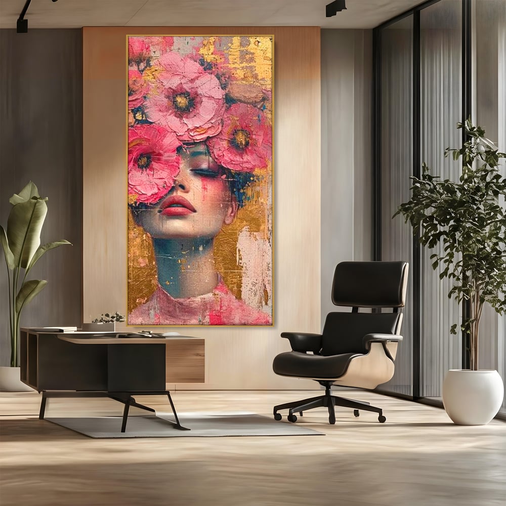 Tablou Canvas Premium LuxCanva® G1023, Gratie Inflorita , Delicatete, Flori, Petale, Aur, Portret, Pastel, Roz, Living, Dormitor, Culori vibrante