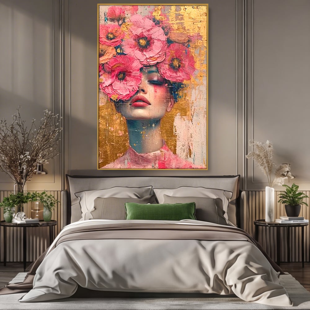 Tablou Canvas Premium LuxCanva® G1023, Gratie Inflorita , Delicatete, Flori, Petale, Aur, Portret, Pastel, Roz, Living, Dormitor, Culori vibrante