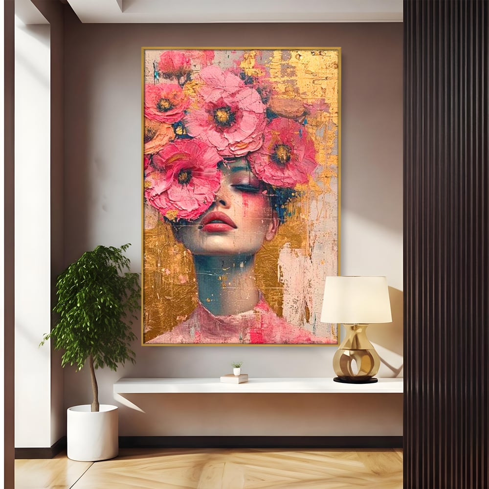 Tablou Canvas Premium LuxCanva® G1023, Gratie Inflorita , Delicatete, Flori, Petale, Aur, Portret, Pastel, Roz, Living, Dormitor, Culori vibrante