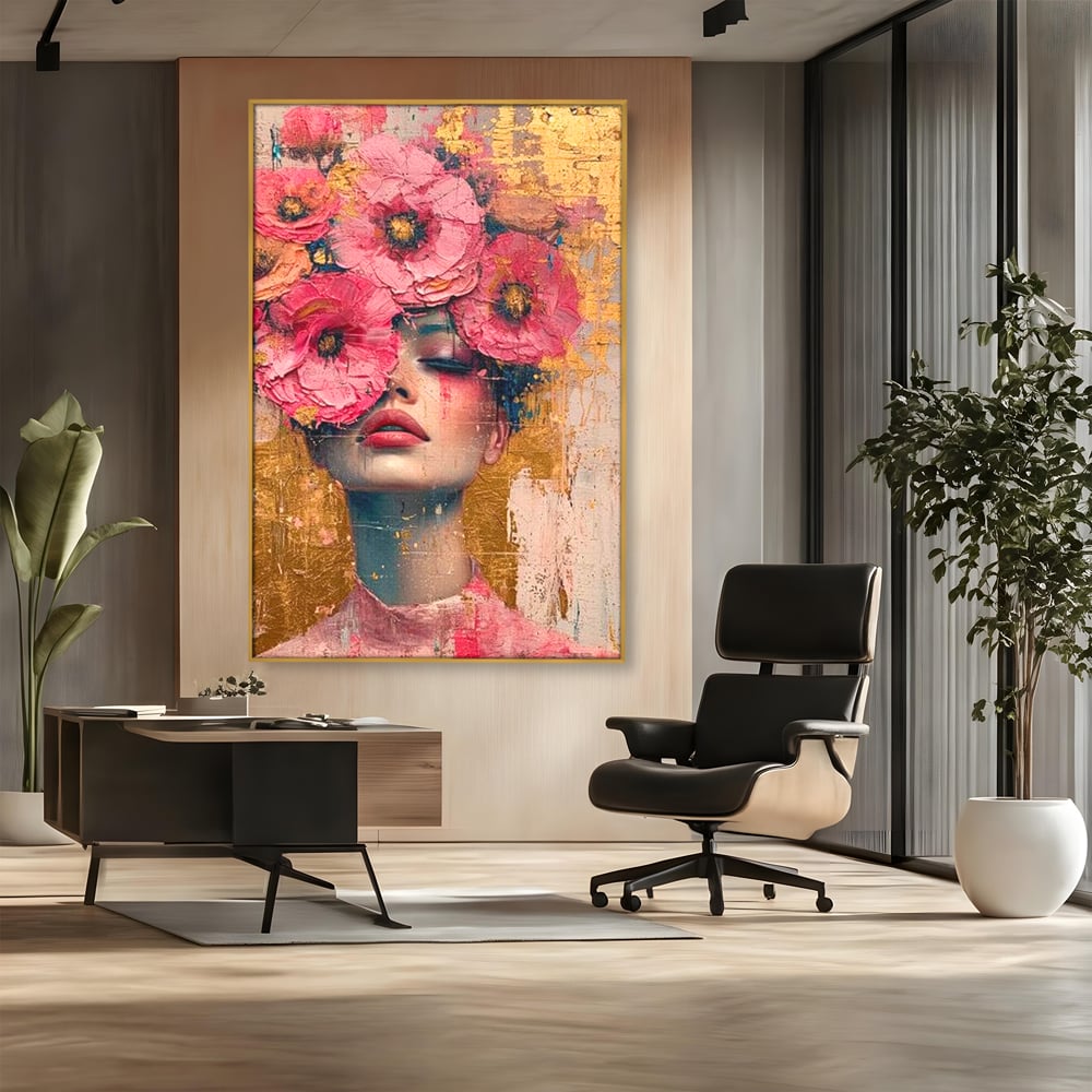 Tablou Canvas Premium LuxCanva® G1023, Gratie Inflorita , Delicatete, Flori, Petale, Aur, Portret, Pastel, Roz, Living, Dormitor, Culori vibrante