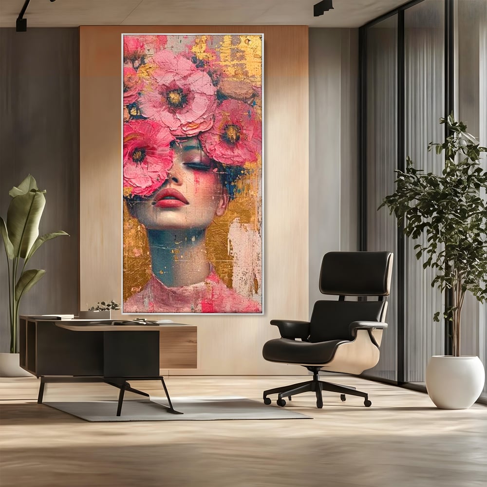 Tablou Canvas Premium LuxCanva® G1023, Gratie Inflorita , Delicatete, Flori, Petale, Aur, Portret, Pastel, Roz, Living, Dormitor, Culori vibrante