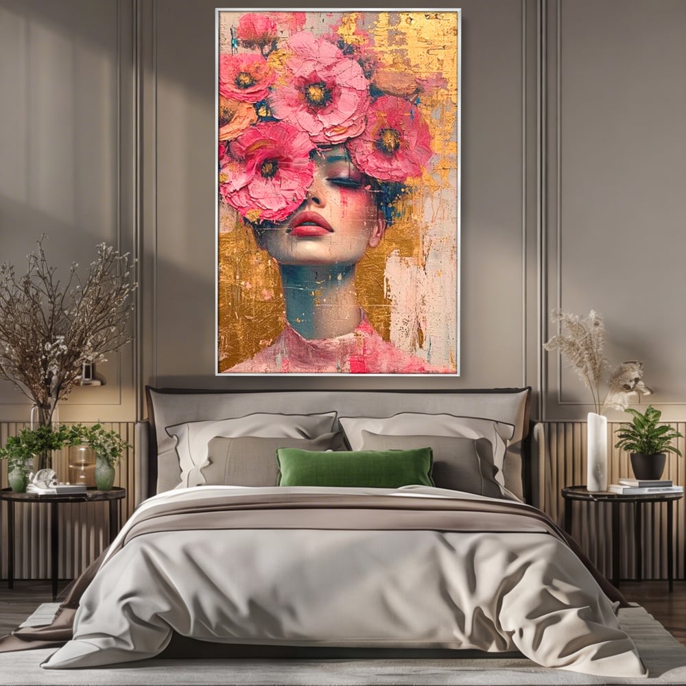 Tablou Canvas Premium LuxCanva® G1023, Gratie Inflorita , Delicatete, Flori, Petale, Aur, Portret, Pastel, Roz, Living, Dormitor, Culori vibrante