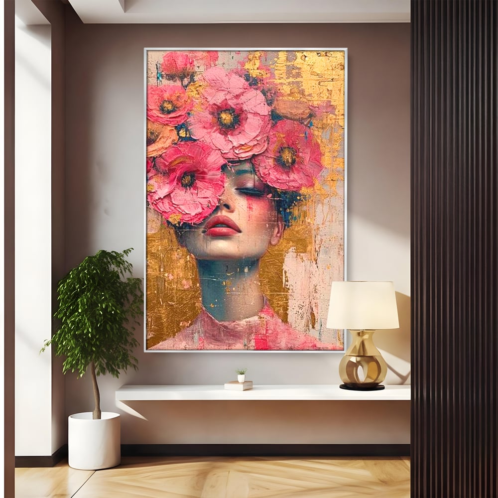 Tablou Canvas Premium LuxCanva® G1023, Gratie Inflorita , Delicatete, Flori, Petale, Aur, Portret, Pastel, Roz, Living, Dormitor, Culori vibrante