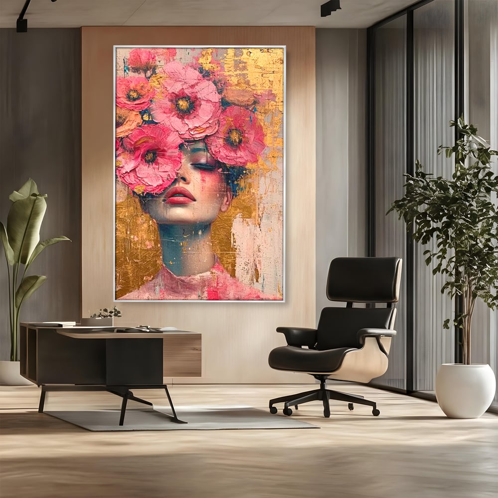 Tablou Canvas Premium LuxCanva® G1023, Gratie Inflorita , Delicatete, Flori, Petale, Aur, Portret, Pastel, Roz, Living, Dormitor, Culori vibrante