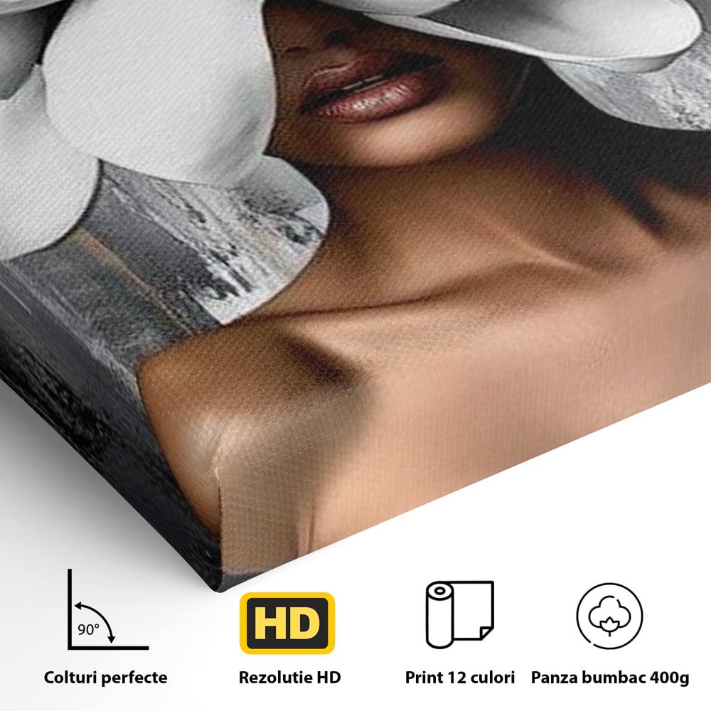 Tablou Canvas Premium LuxCanva® G1025, Misterul Magnoliei , Feminitate, Magnolie, Aur, Alb, Fashion, Glamour, Contrast, Living, Dormitor