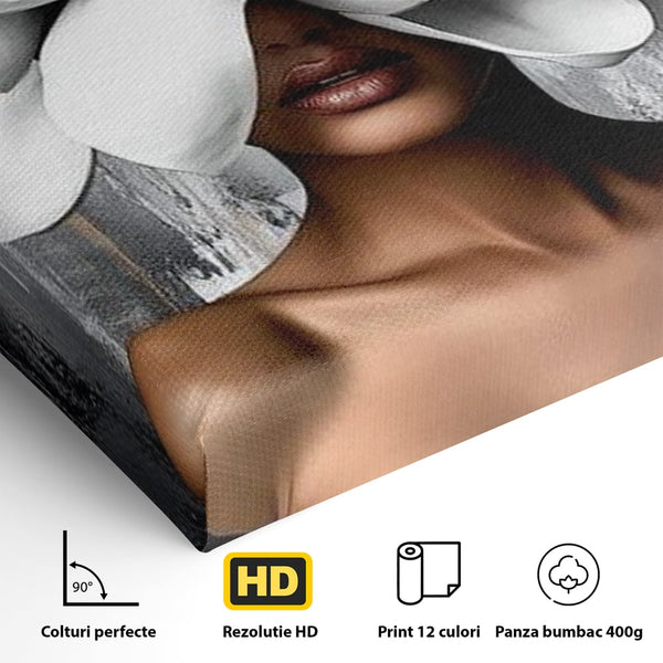 Tablou Canvas Premium LuxCanva® G1025, Misterul Magnoliei , Feminitate, Magnolie, Aur, Alb, Fashion, Glamour, Contrast, Living, Dormitor