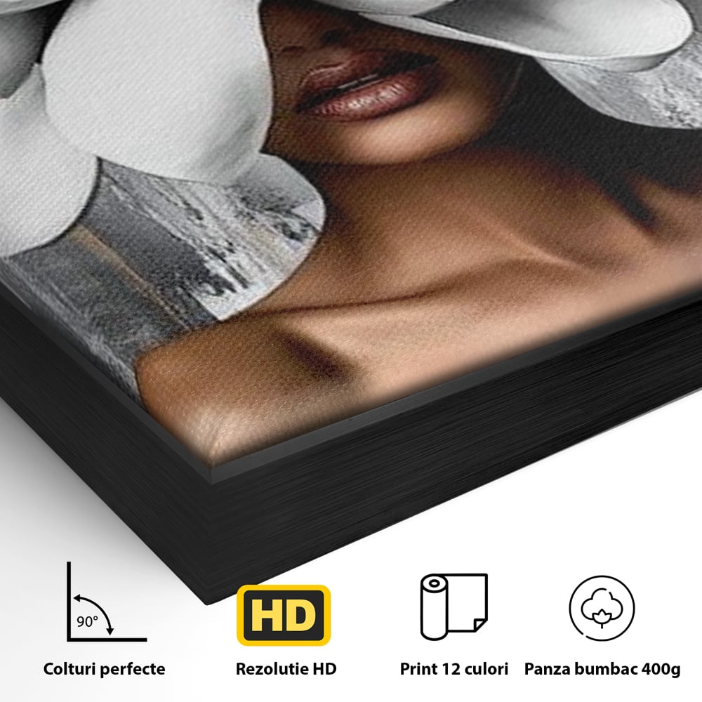 Tablou Canvas Premium LuxCanva® G1025, Misterul Magnoliei , Feminitate, Magnolie, Aur, Alb, Fashion, Glamour, Contrast, Living, Dormitor