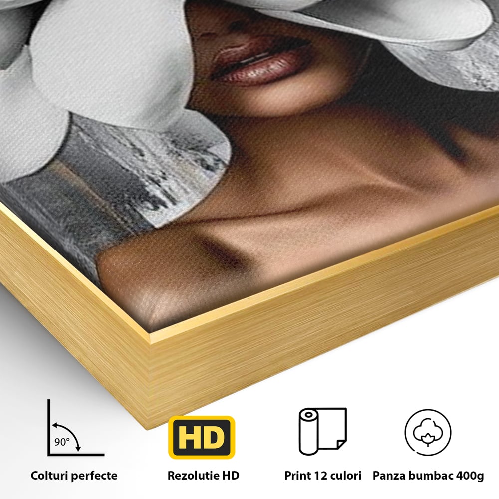 Tablou Canvas Premium LuxCanva® G1025, Misterul Magnoliei , Feminitate, Magnolie, Aur, Alb, Fashion, Glamour, Contrast, Living, Dormitor