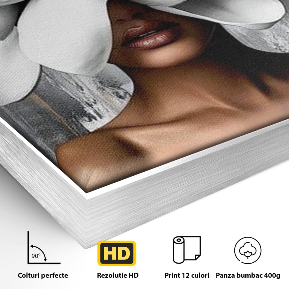 Tablou Canvas Premium LuxCanva® G1025, Misterul Magnoliei , Feminitate, Magnolie, Aur, Alb, Fashion, Glamour, Contrast, Living, Dormitor