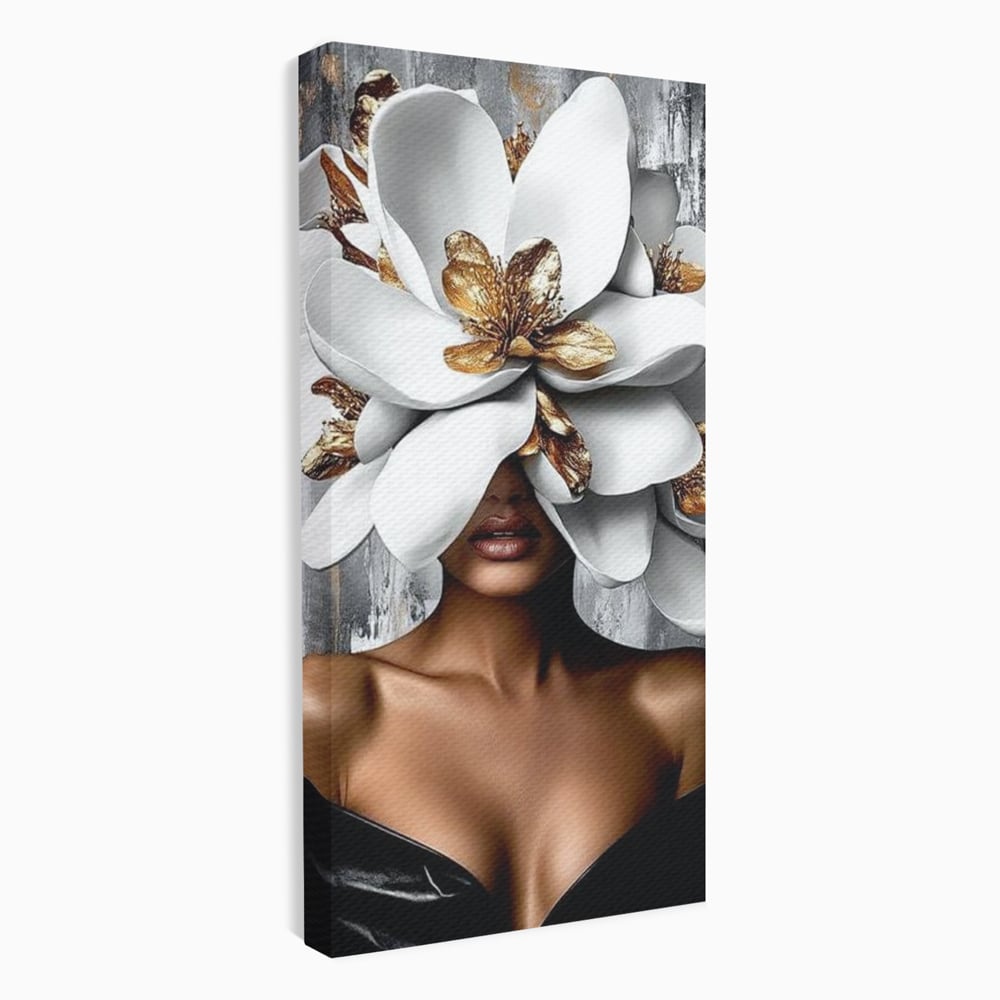 Tablou Canvas Premium LuxCanva® G1025, Misterul Magnoliei , Feminitate, Magnolie, Aur, Alb, Fashion, Glamour, Contrast, Living, Dormitor