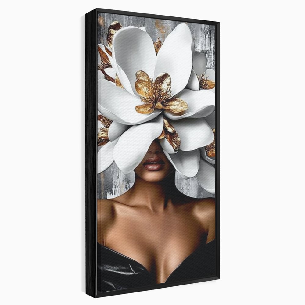 Tablou Canvas Premium LuxCanva® G1025, Misterul Magnoliei , Feminitate, Magnolie, Aur, Alb, Fashion, Glamour, Contrast, Living, Dormitor