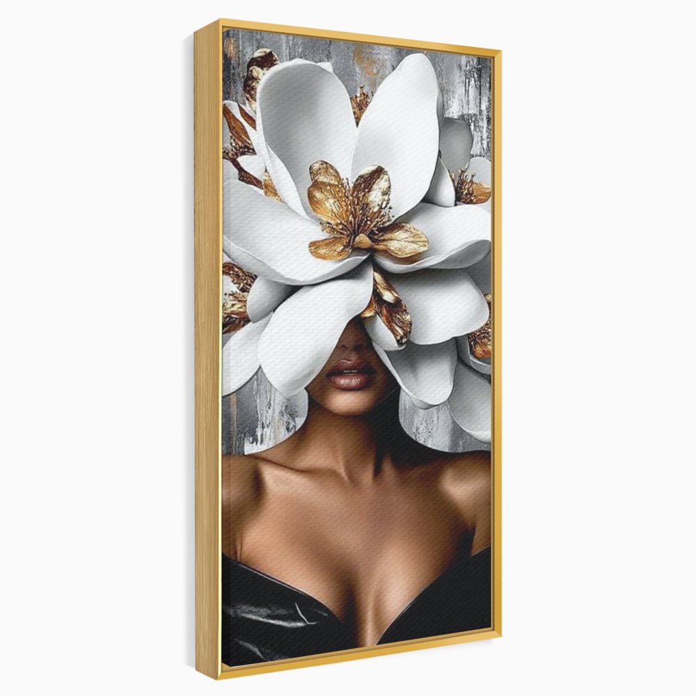 Tablou Canvas Premium LuxCanva® G1025, Misterul Magnoliei , Feminitate, Magnolie, Aur, Alb, Fashion, Glamour, Contrast, Living, Dormitor