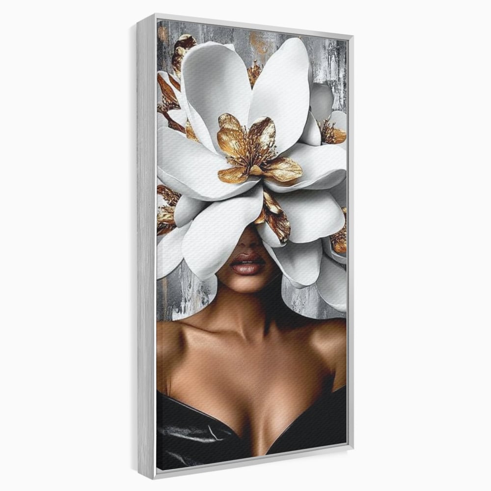 Tablou Canvas Premium LuxCanva® G1025, Misterul Magnoliei , Feminitate, Magnolie, Aur, Alb, Fashion, Glamour, Contrast, Living, Dormitor