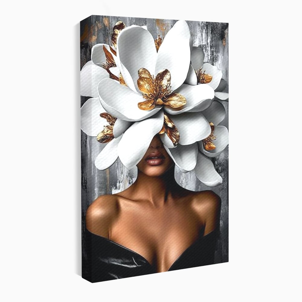 Tablou Canvas Premium LuxCanva® G1025, Misterul Magnoliei , Feminitate, Magnolie, Aur, Alb, Fashion, Glamour, Contrast, Living, Dormitor