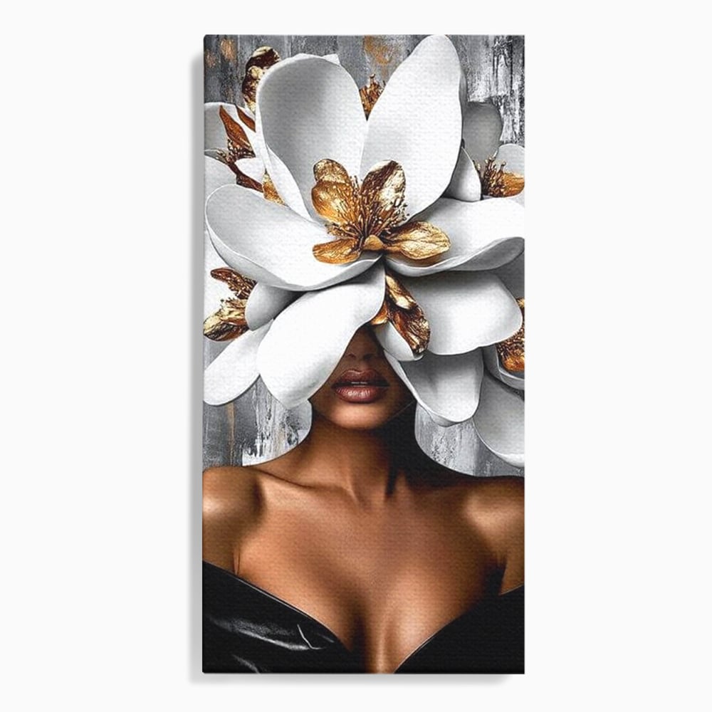Tablou Canvas Premium LuxCanva® G1025, Misterul Magnoliei , Feminitate, Magnolie, Aur, Alb, Fashion, Glamour, Contrast, Living, Dormitor