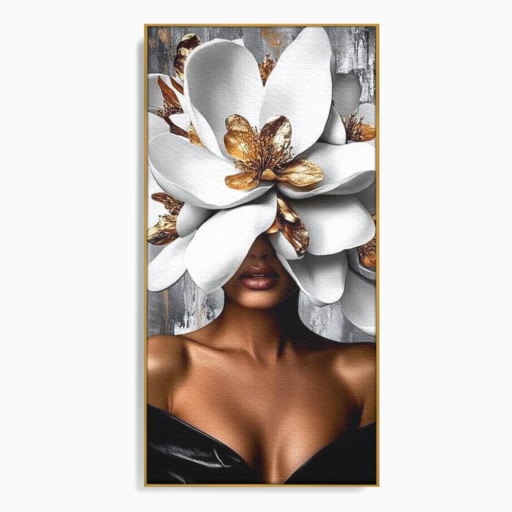Tablou Canvas Premium LuxCanva® G1025, Misterul Magnoliei , Feminitate, Magnolie, Aur, Alb, Fashion, Glamour, Contrast, Living, Dormitor