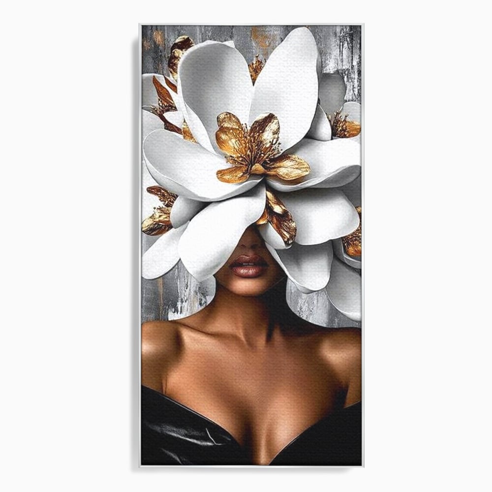 Tablou Canvas Premium LuxCanva® G1025, Misterul Magnoliei , Feminitate, Magnolie, Aur, Alb, Fashion, Glamour, Contrast, Living, Dormitor