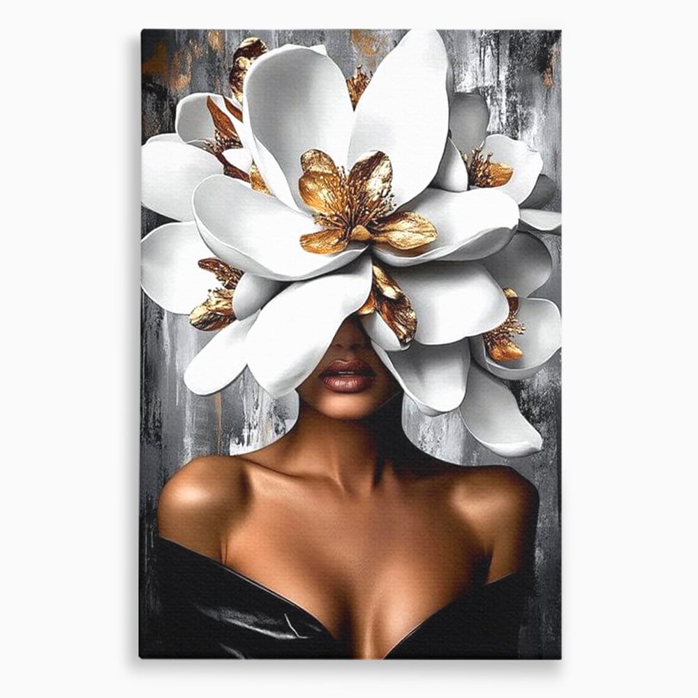Tablou Canvas Premium LuxCanva® G1025, Misterul Magnoliei , Feminitate, Magnolie, Aur, Alb, Fashion, Glamour, Contrast, Living, Dormitor