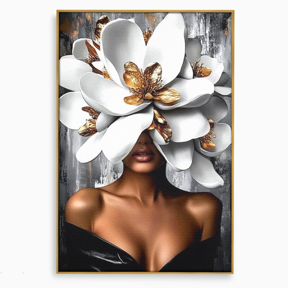 Tablou Canvas Premium LuxCanva® G1025, Misterul Magnoliei , Feminitate, Magnolie, Aur, Alb, Fashion, Glamour, Contrast, Living, Dormitor
