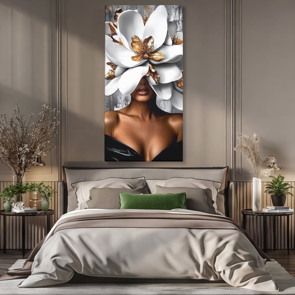 Tablou Canvas Premium LuxCanva® G1025, Misterul Magnoliei , Feminitate, Magnolie, Aur, Alb, Fashion, Glamour, Contrast, Living, Dormitor