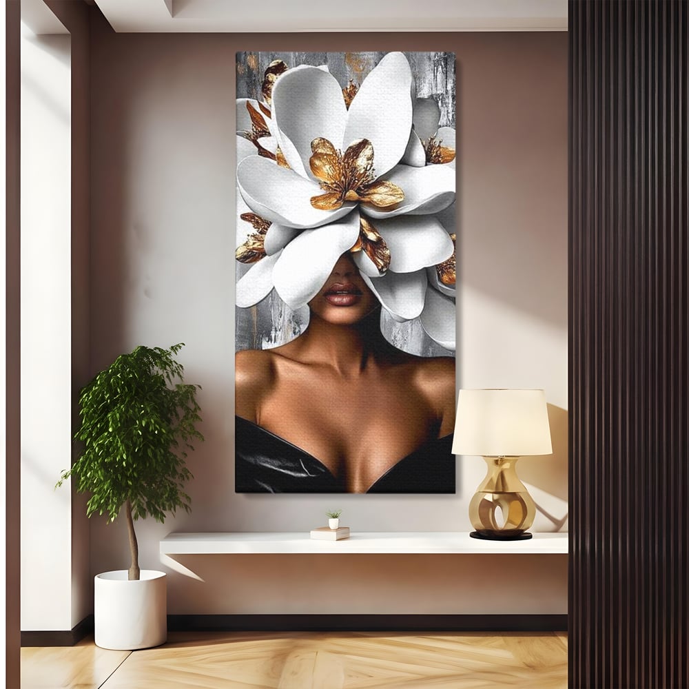 Tablou Canvas Premium LuxCanva® G1025, Misterul Magnoliei , Feminitate, Magnolie, Aur, Alb, Fashion, Glamour, Contrast, Living, Dormitor